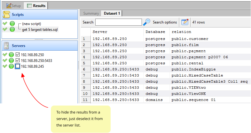 To hide the results from a server, just deselect it from the server list.
