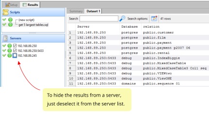 To hide the results from a server, just deselect it from the server list.